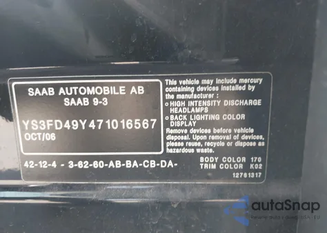 2007 Saab 9-3 2.0T from USA, damaged, VIN YS3FD49Y471016567